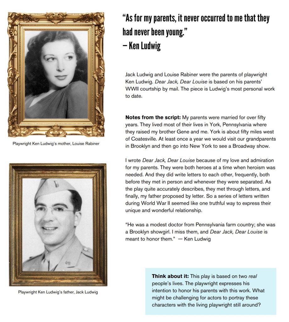 When Words Were Enough: "Dear Jack, Dear Louise" at USF 3 Study guide page for Dear Jack, Dear Louise with vintage portraits of Ken Ludwig's parents, Louise Rabiner and Jack Ludwig.