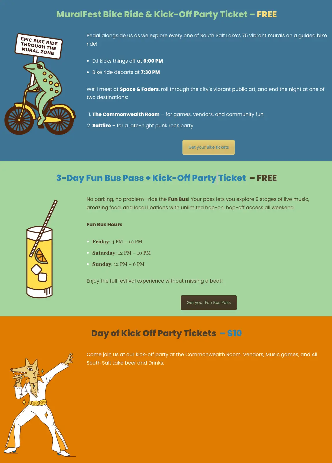 Grid City Music Festival Returns with 80+ Bands, 75 Murals, and Three Days of Free Performances 2 Ticket options for Grid City Music Festival, including a Bike Ride and Kick-Off Party ticket and a 3-Day Fun Box Pass, with cartoon illustrations.