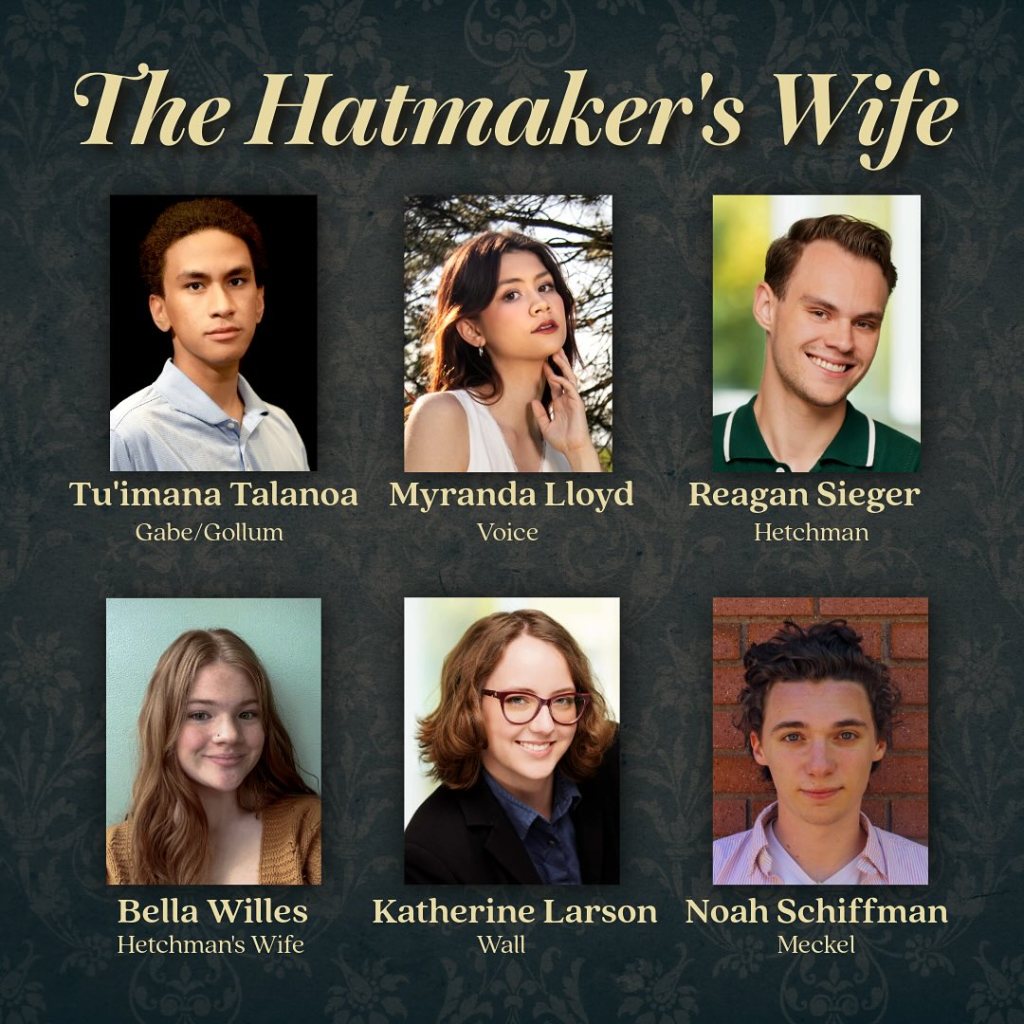 Listening Walls and Lost Names: Westminster University’s "The Hatmaker’s Wife" 5 Promotional image for the play 'The Hatmaker's Wife' featuring six cast members in individual portraits, surrounded by a decorative background.