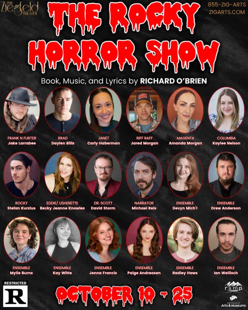 Promotional poster for Ziegfeld Theatre's production of The Rocky Horror Show, featuring the show's title in bold, dripping red letters and a cast list with character and actor names.