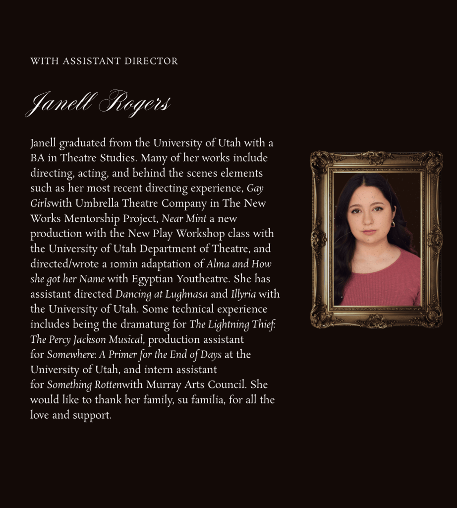 A Funny, Bloody, Queer Gothic: Voodoo Theatre Company’s "The Moors" Bites Back 4 A promotional graphic featuring Janell Rogers, the assistant director of 'The Moors.' The background is dark, and the text describes her education and directing experience, highlighting her work with various theater projects. A framed headshot of Janell is included.