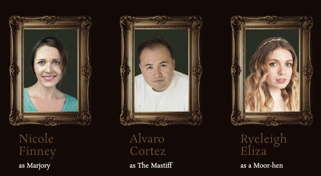 A Funny, Bloody, Queer Gothic: Voodoo Theatre Company’s "The Moors" Bites Back 11 A portrait-style collage of three cast members from the play 'The Moors' featuring: Nicole Finney as Marjory, Alvaro Cortez as The Mastiff, and Ryeleigh Eliza as Moor-hen, each framed with ornate designs and their names displayed below.