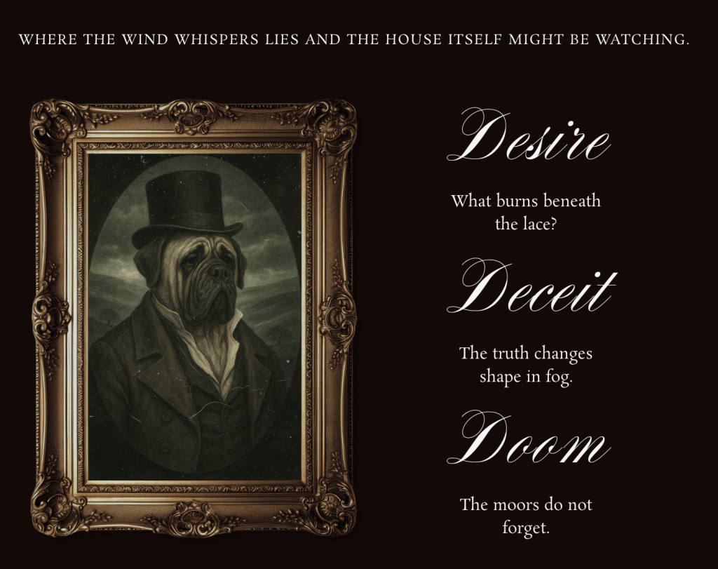 A Funny, Bloody, Queer Gothic: Voodoo Theatre Company’s "The Moors" Bites Back 6 A vintage-style portrait of a dog, possibly a Mastiff, dressed in a formal suit and top hat, framed in an ornate gold frame, accompanied by the words 'Desire,' 'Deceit,' and 'Doom' on a dark background.