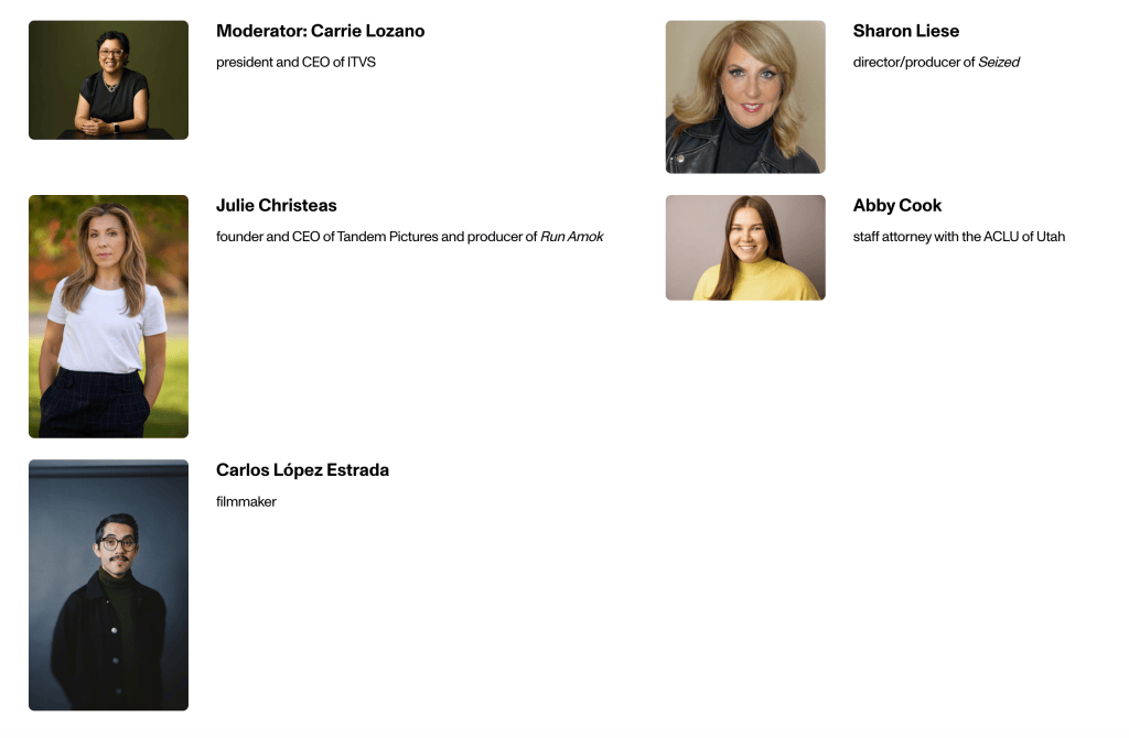 Free Expression and the Future of Film: ACLU Panel at Sundance 2026 6 A panel of four experts with headshots and names, including Carrie Lozano (Moderator), Julie Christeas, Sharon Liese, Abby Cook, and Carlos López Estrada, with their respective titles and affiliations.