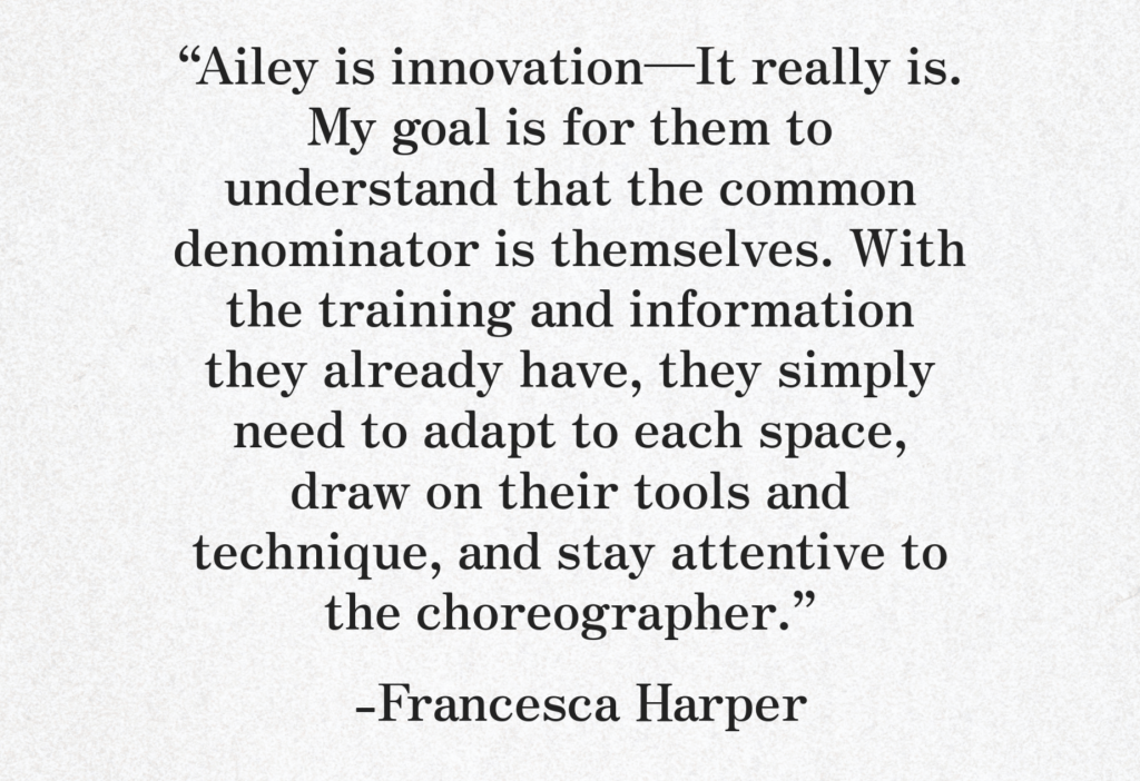 Quote by Francesca Harper discussing innovation in Ailey and the importance of adaptation and self-awareness in dance.