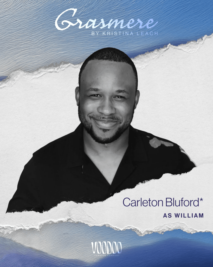 Grasmere Review: The Poet and the Muse, and the Violence of Genius 6 A promotional image featuring Carleton Bluford portraying the character William in the play 'Grasmere' by Kristina Leach. The background has a textured blue and white design.