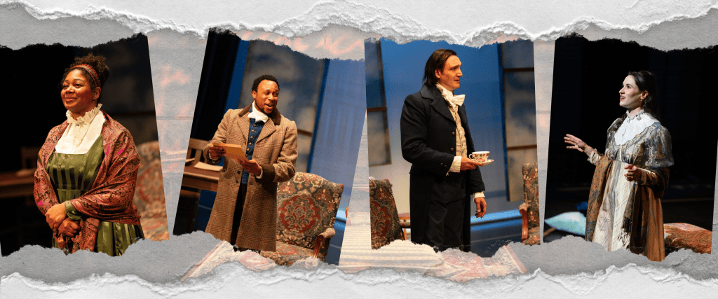 Grasmere Review: The Poet and the Muse, and the Violence of Genius 2 A collage featuring four actors in period costumes performing on stage. Each actor portrays a distinct character, with expressions conveying various emotions. The backdrop suggests a historical setting, and furniture is visible in the scene.