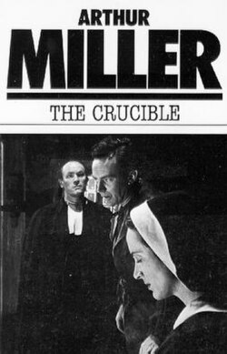 Black and white cover of 'The Crucible' by Arthur Miller featuring three characters in a dramatic scene.