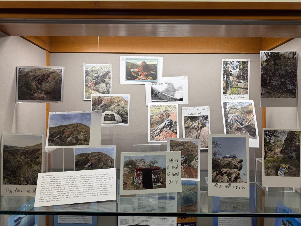 WRTG 4950 Student Group Collaboration on Graffiti Art & Murals in Salt Lake City: Mapping as Rhetoric 6 A display of various photographs mounted on a wall, showcasing natural landscapes, rock formations, and artistic elements, with handwritten captions reflecting themes of exploration and memory.