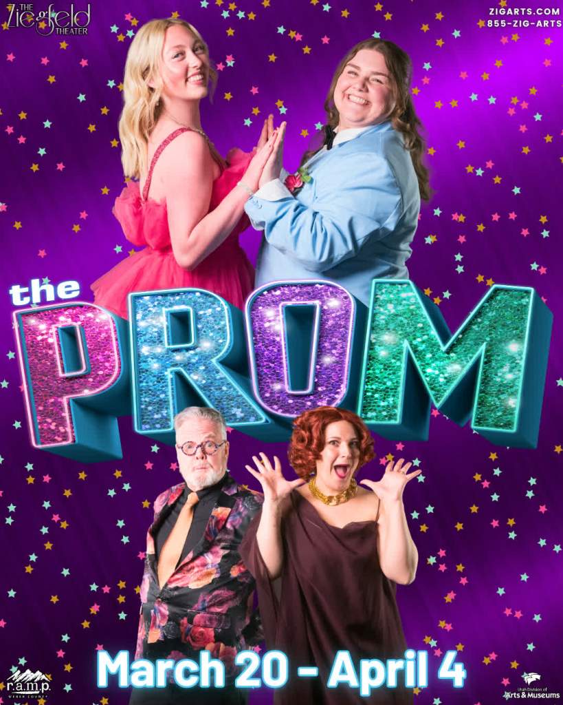 Review: The Prom at Ziegfeld Theater Turns Laughter into a Powerful Reflection on Belonging 3 Poster for 'The Prom' featuring two women in colorful dresses and two other characters in formal attire, with a vibrant purple backdrop and star decorations, promoting the show dates from March 20 to April 4.