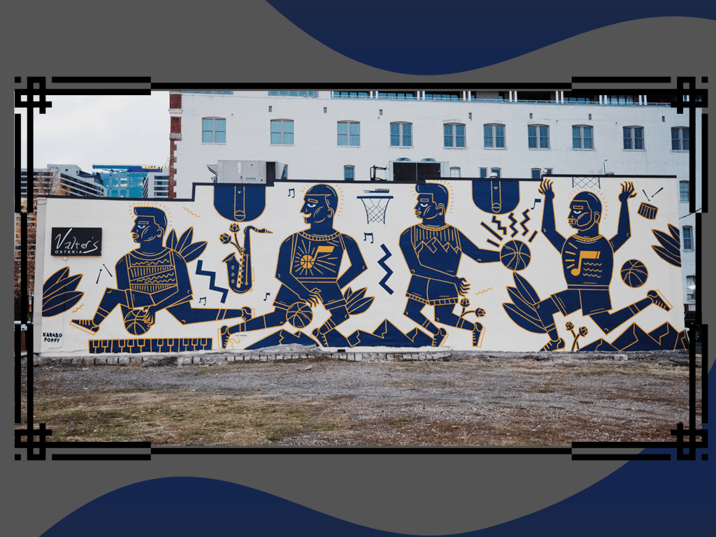 WRTG 4950 Student Group Collaboration on Graffiti Art & Murals in Salt Lake City: Mapping as Rhetoric 7 A mural depicting four stylized figures engaged in basketball activities, featuring musical elements and vibrant colors on a wall. The mural includes the text 'Vater's Ostria' and 'Karabo Poppy'.