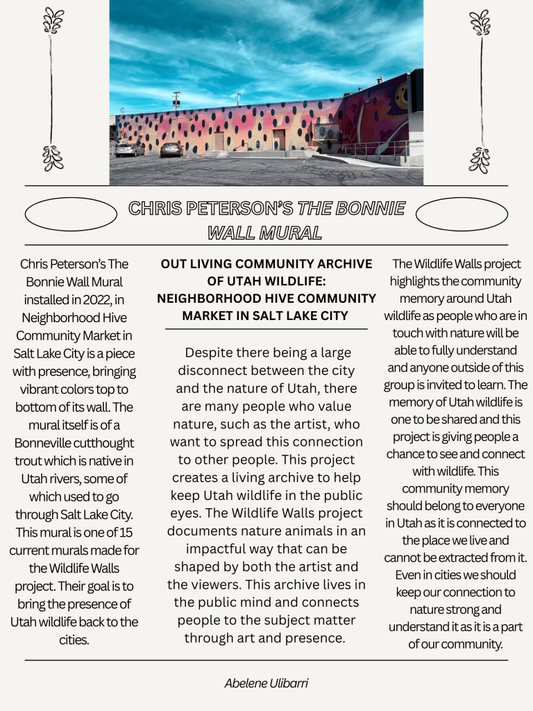 WRTG 4950 Student Group Collaboration on Graffiti Art & Murals in Salt Lake City: Mapping as Rhetoric 4 Mural titled 'The Bonnie Wall' by Chris Peterson, showcasing a vibrant depiction of Bonneville cutthroat trout, located at Neighborhood Hive Community Market in Salt Lake City.
