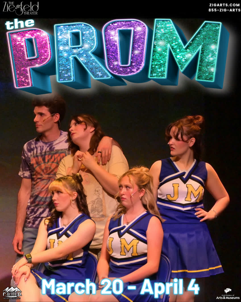 Review: The Prom at Ziegfeld Theater Turns Laughter into a Powerful Reflection on Belonging 5 A group of six performers in a dramatic pose, featuring cheerleaders in blue and yellow uniforms and a male character in casual attire. The title 'the PROM' is displayed in sparkling letters at the top, along with performance dates March 20 - April 4.