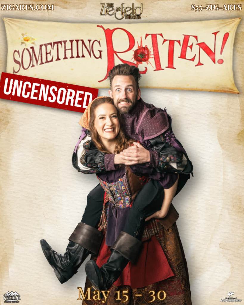 Something Rotten! at Ziegfeld Theater: Broadway Love Letter, Shakespeare Roast, and Pure Theatrical Chaos 3 A man in historical costume gives a piggyback ride to a woman in a colorful dress, both smiling, in front of a backdrop that reads 'Something Rotten! Uncensored'.
