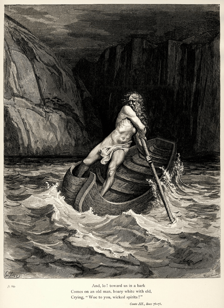 Pilgrimage: A Listener's Guide to Kotaro Fukuma's Liszt Program 8 Engraving of Charon, a white-haired old man with blazing eyes, rowing a boat across a dark river toward a crowd of naked souls on the shore.