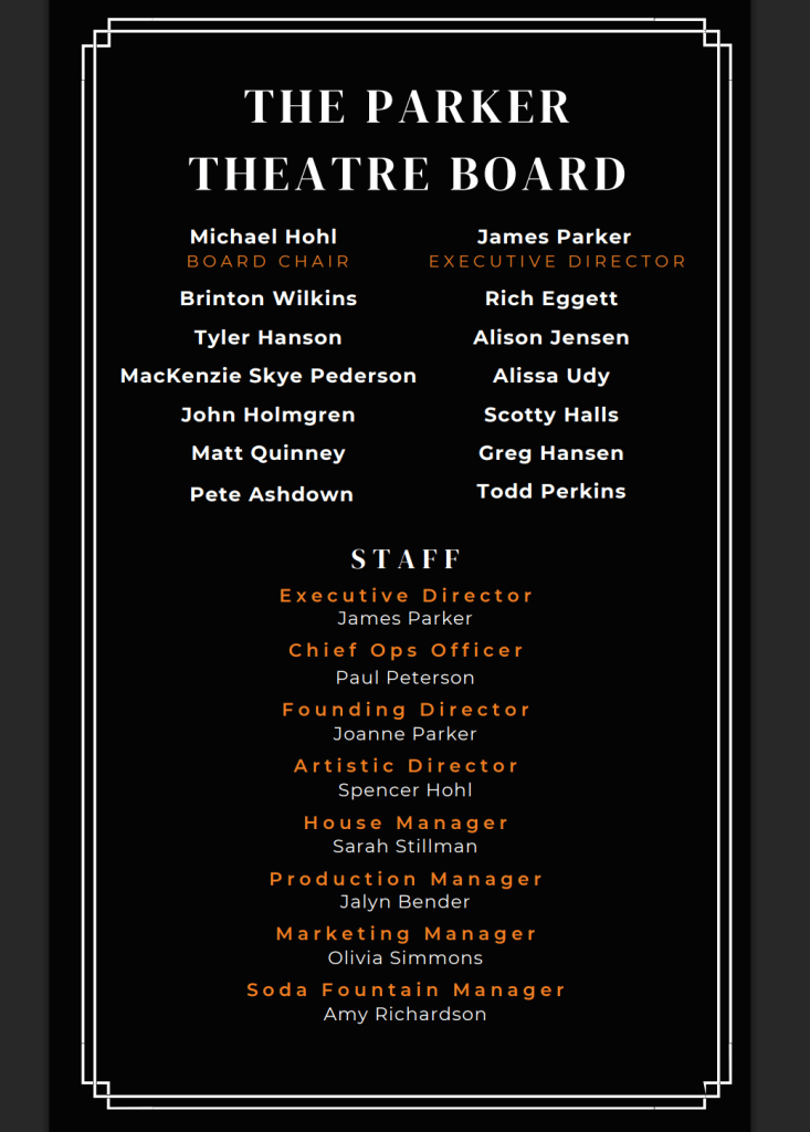 To Kill a Mockingbird at Parker Theatre: Does It Reach the Heart of the Book? 9 A list of members and staff of the Parker Theatre Board, including names and titles such as Board Chair, Executive Director, and various managerial positions.